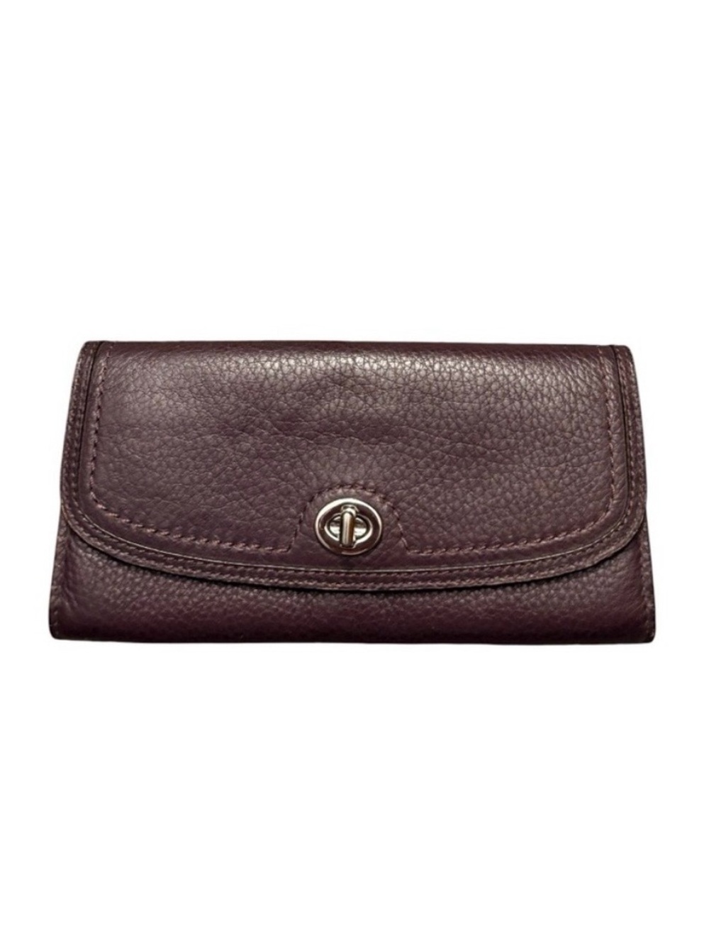 Coach Park Deep Eggplant Pebbled Leather Turn Lock Slim Trifold Envelope Wallet